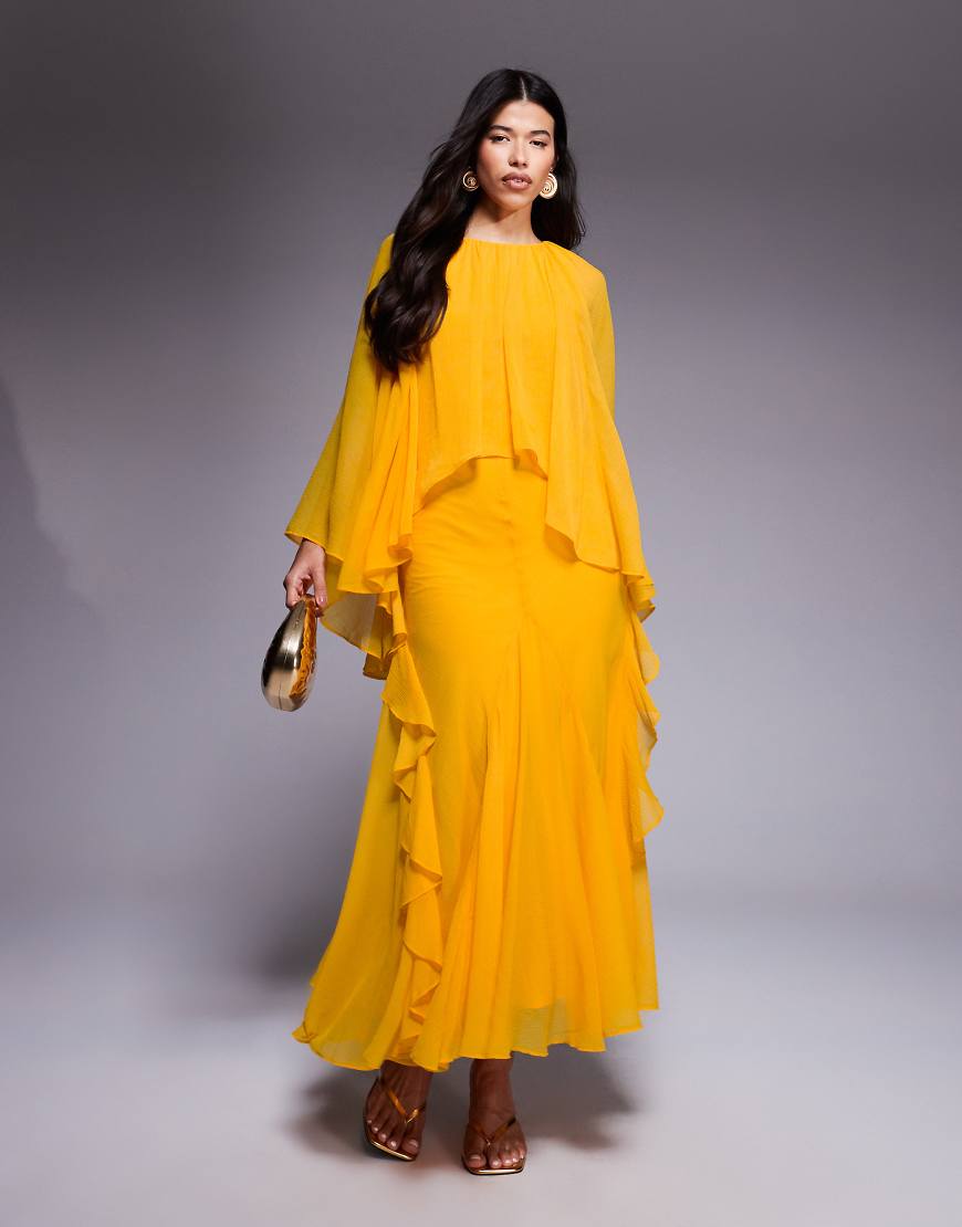 Trapeze overlay chiffon maxi dress with ruffles in orange