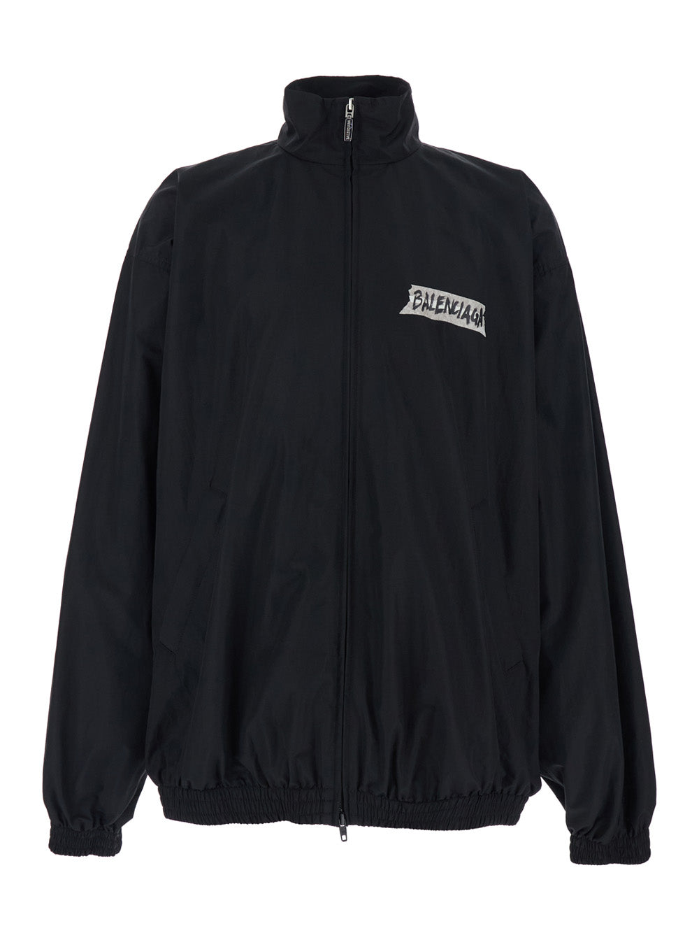 High-Collar Logo-Embroidered Cotton Blend Jacket — Black