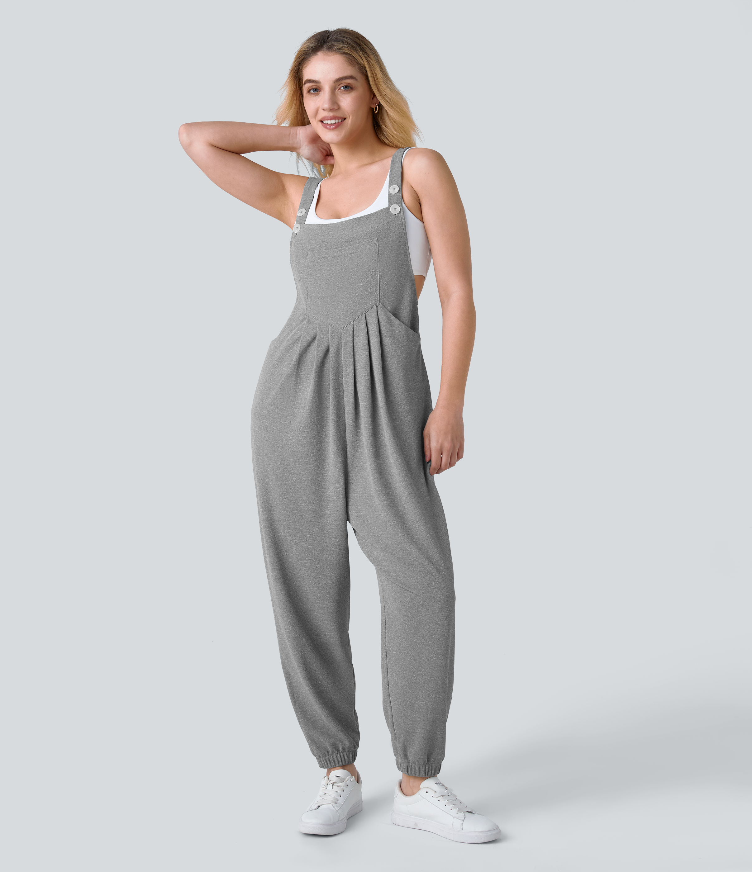 Pockets Waffle Casual Jogger Overalls  - Waffle Gray