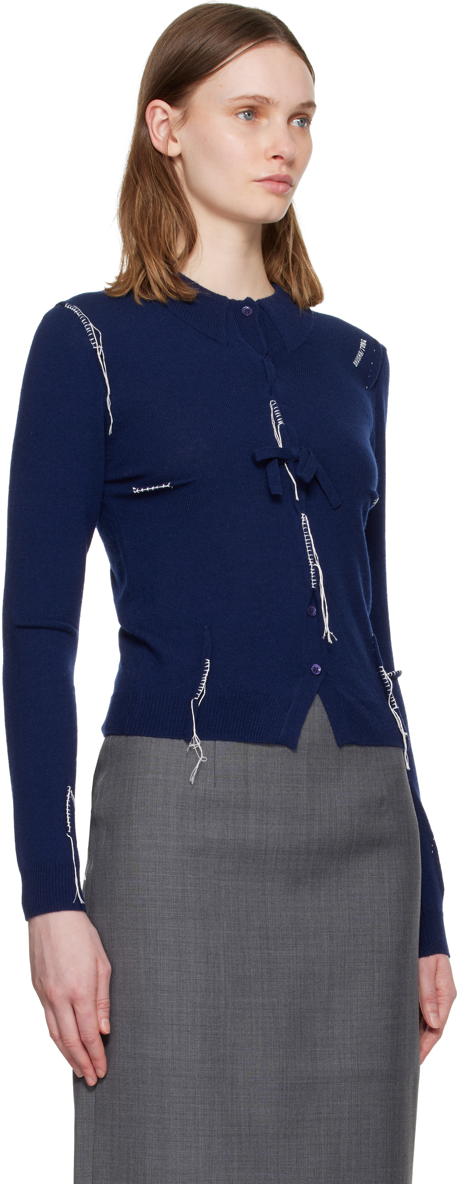 Navy Pin-Tuck & Threadwork Knit Sweater