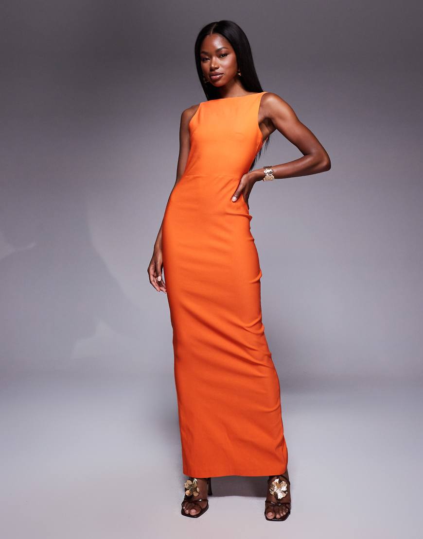 Bengaline high neck open back maxi dress in orange