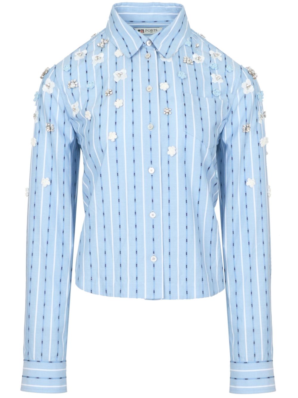 Floral-appliqué striped shirt - Blue