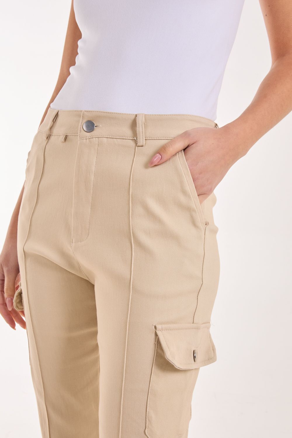 Pink Vanilla Women's Utility Stretch Cargo Trousers in Stone
