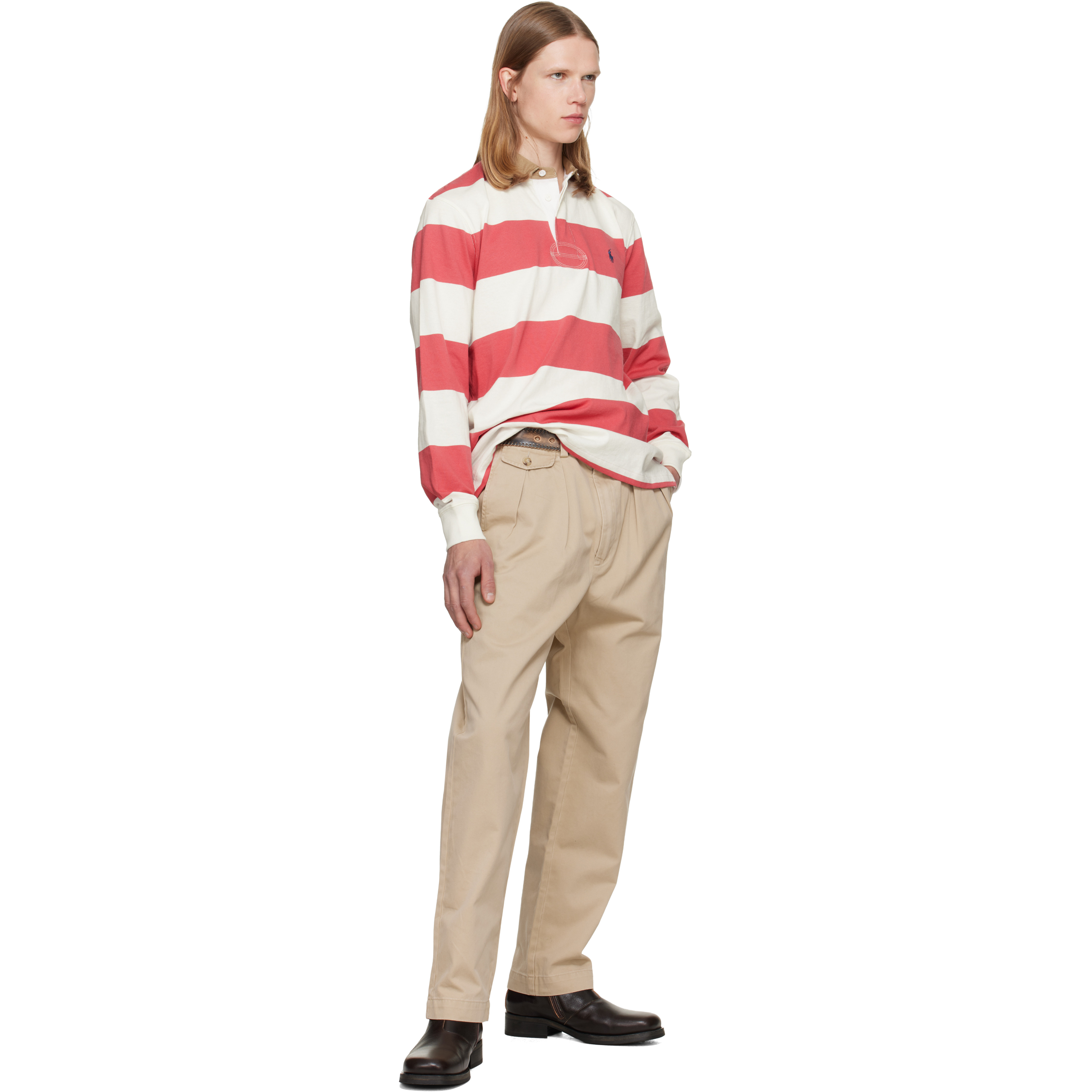 White & Pink Classic Fit Khaki-Collar Rugby Shirt
