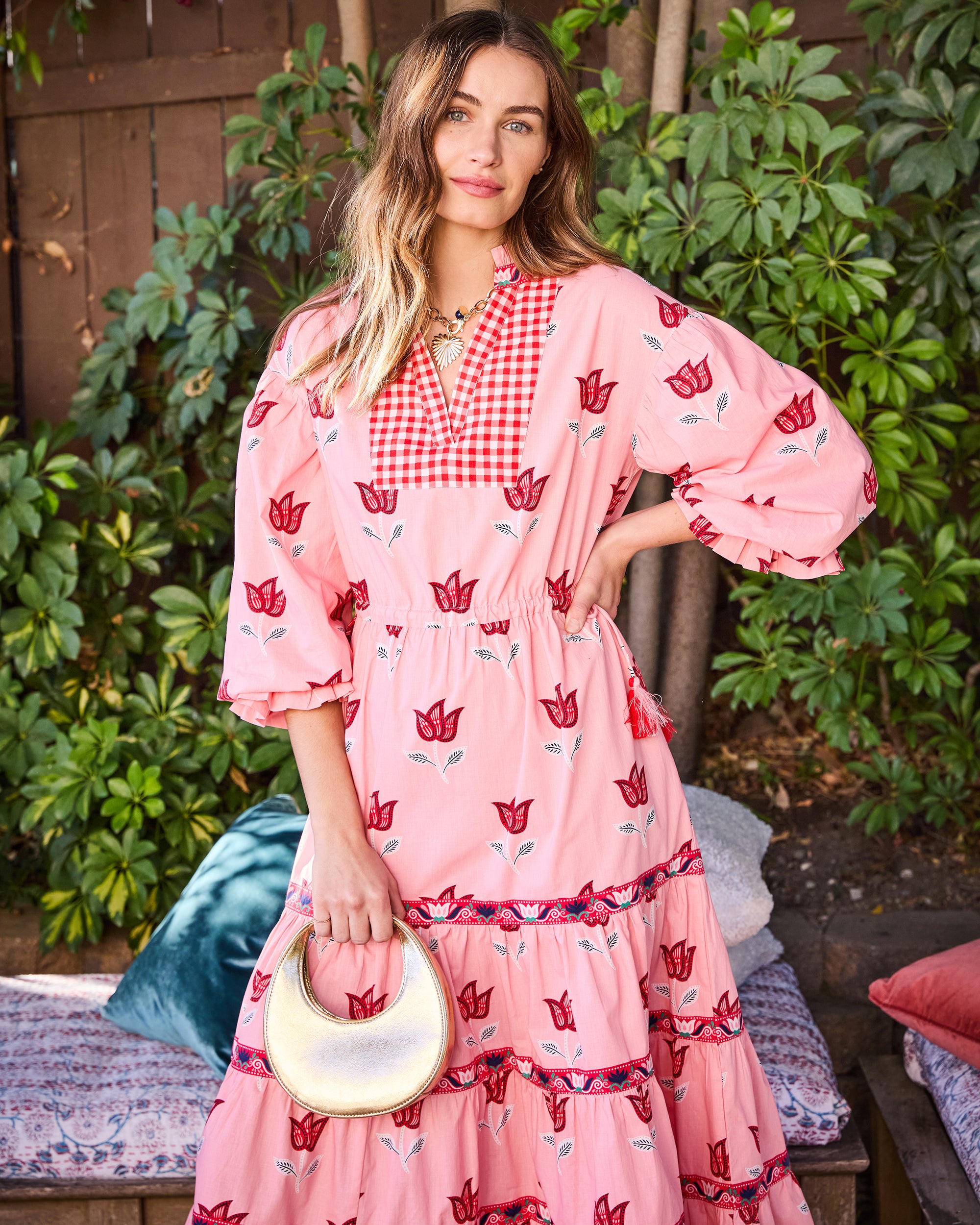 Organic Cotton Floral V-Neck 3/4-Sleeve Midi Dress in Tulip Bloom | Women's S | Pink