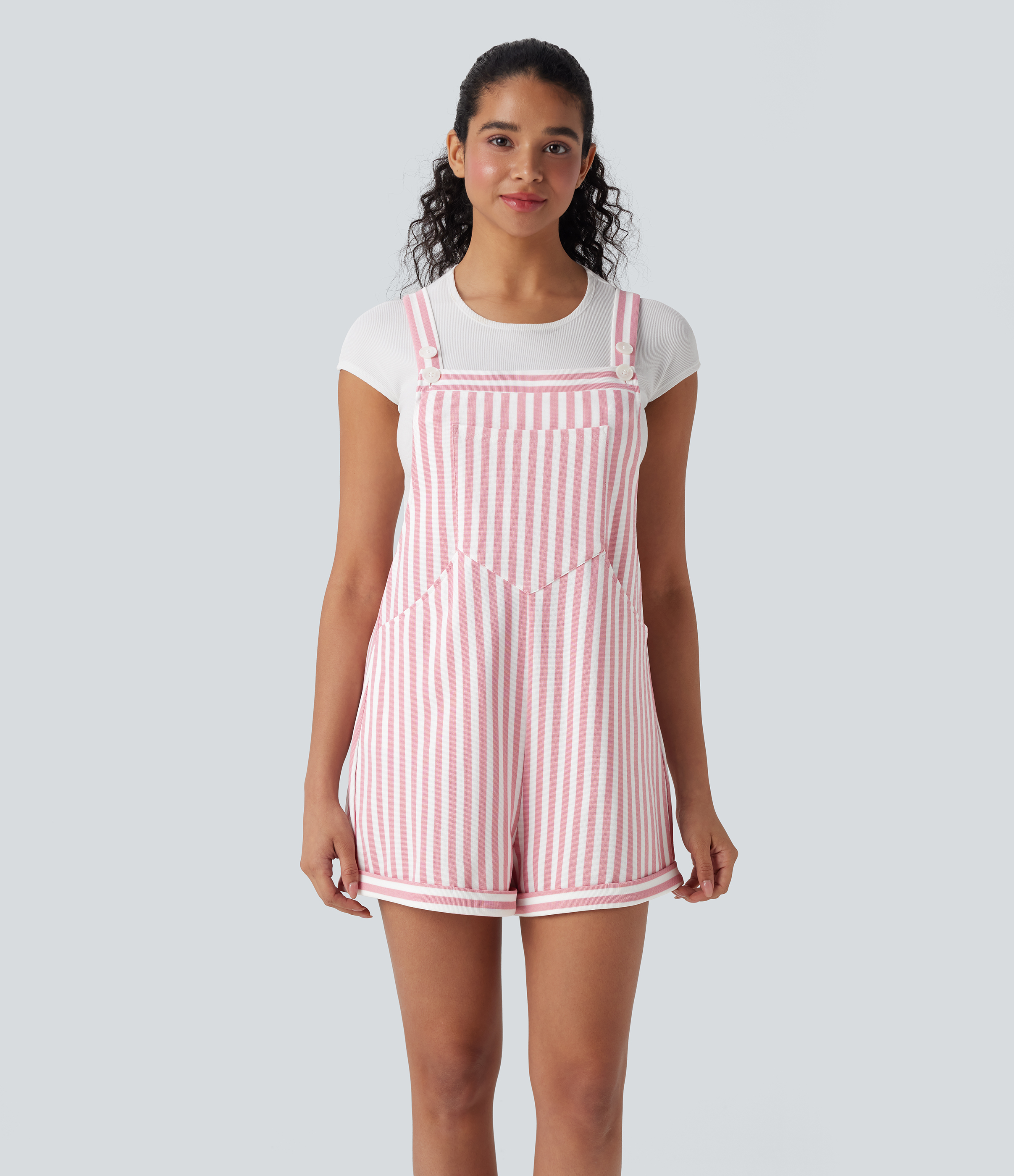 Pockets Stripe Waffle Overalls  - Pink Stripe