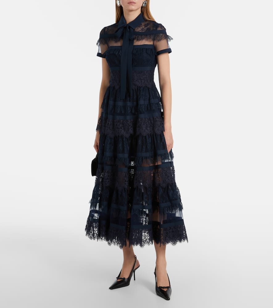 Tie-neck lace midi dress