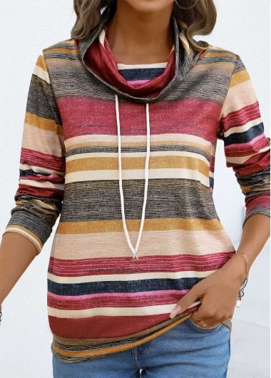 Modlily Coral Drawstring Multi Stripe Print Long Sleeve T Shirt