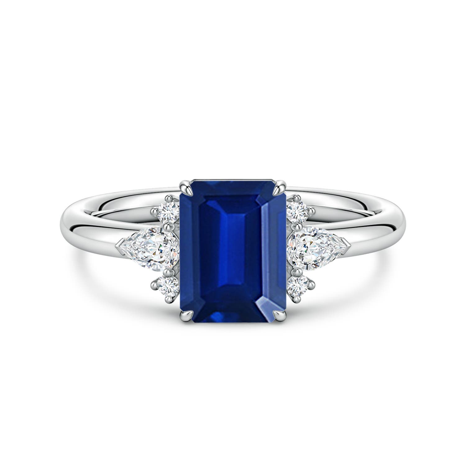Angara 1.65 Carats Four-Claw Prong Emerald-Cut Lab-Grown Blue Sapphire Side Stone Engagement Ring in 18K White Gold