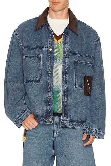 Charles Jeffrey LOVERBOY Denim Jacket With Corduroy Collar in Washed Denim - Blue. L also in M, XL/1X