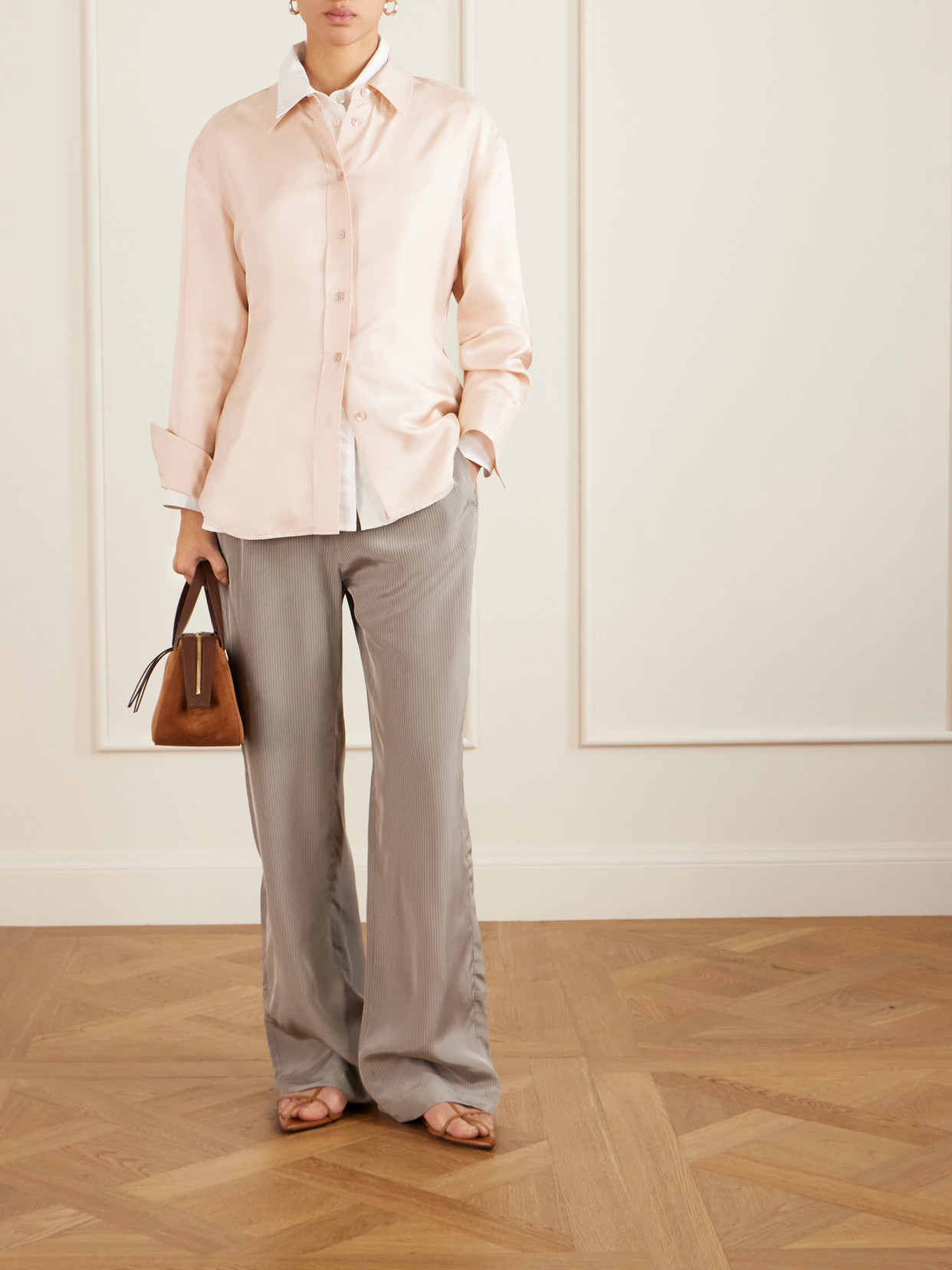 Striped Satin Wide-leg Pants - Gray