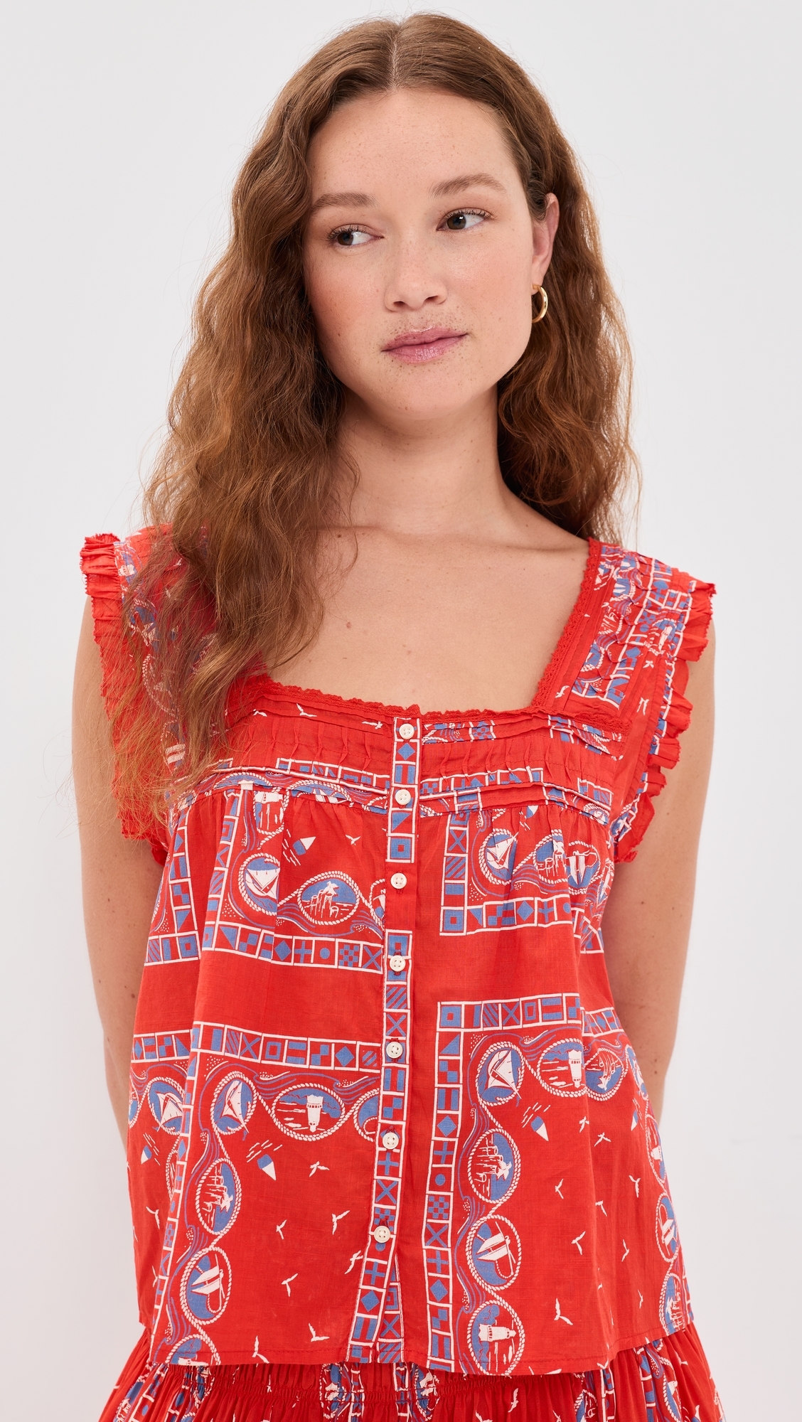 The Victorian Pleat Tank Top Red Sailboat Bandana