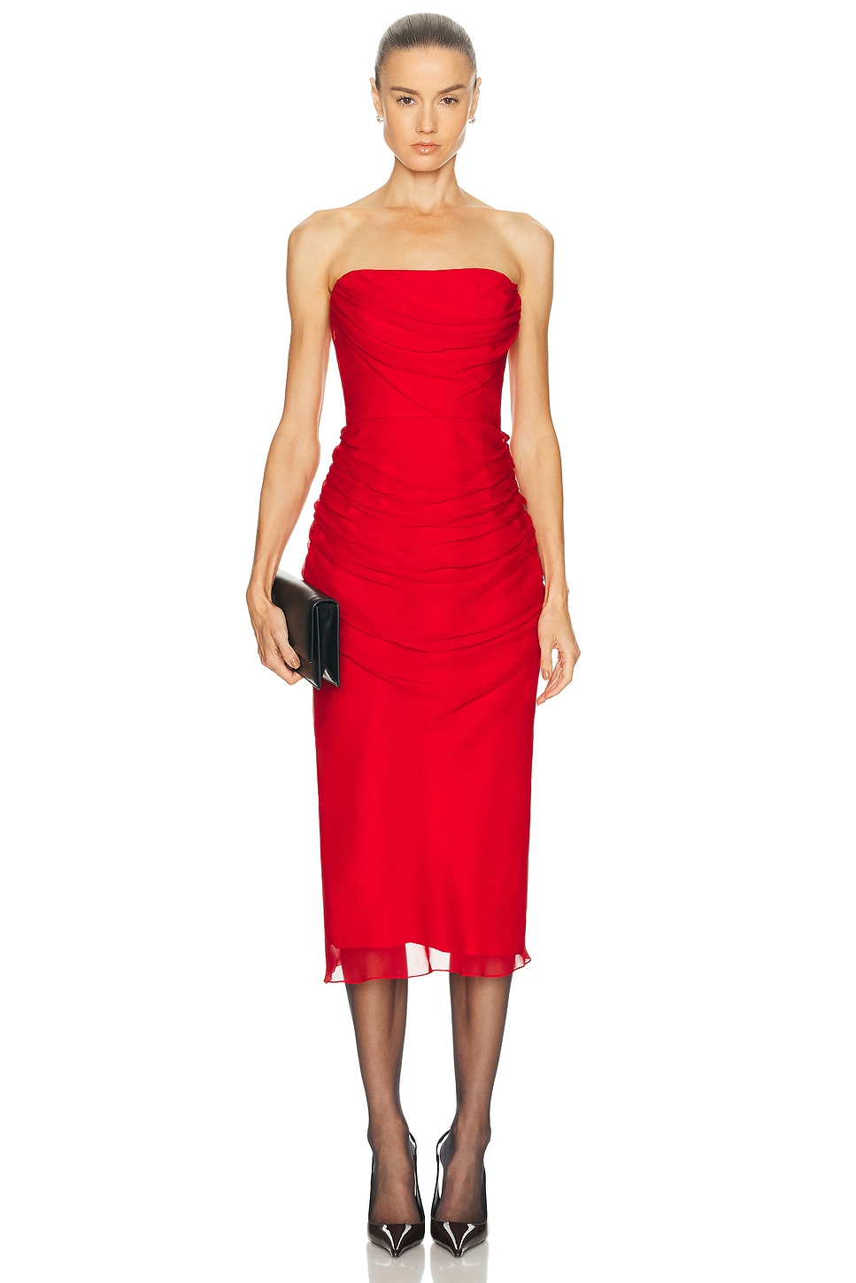 Carolina Herrera Strapless Draped Midi Dress in Herrera Red - Red. 4 also