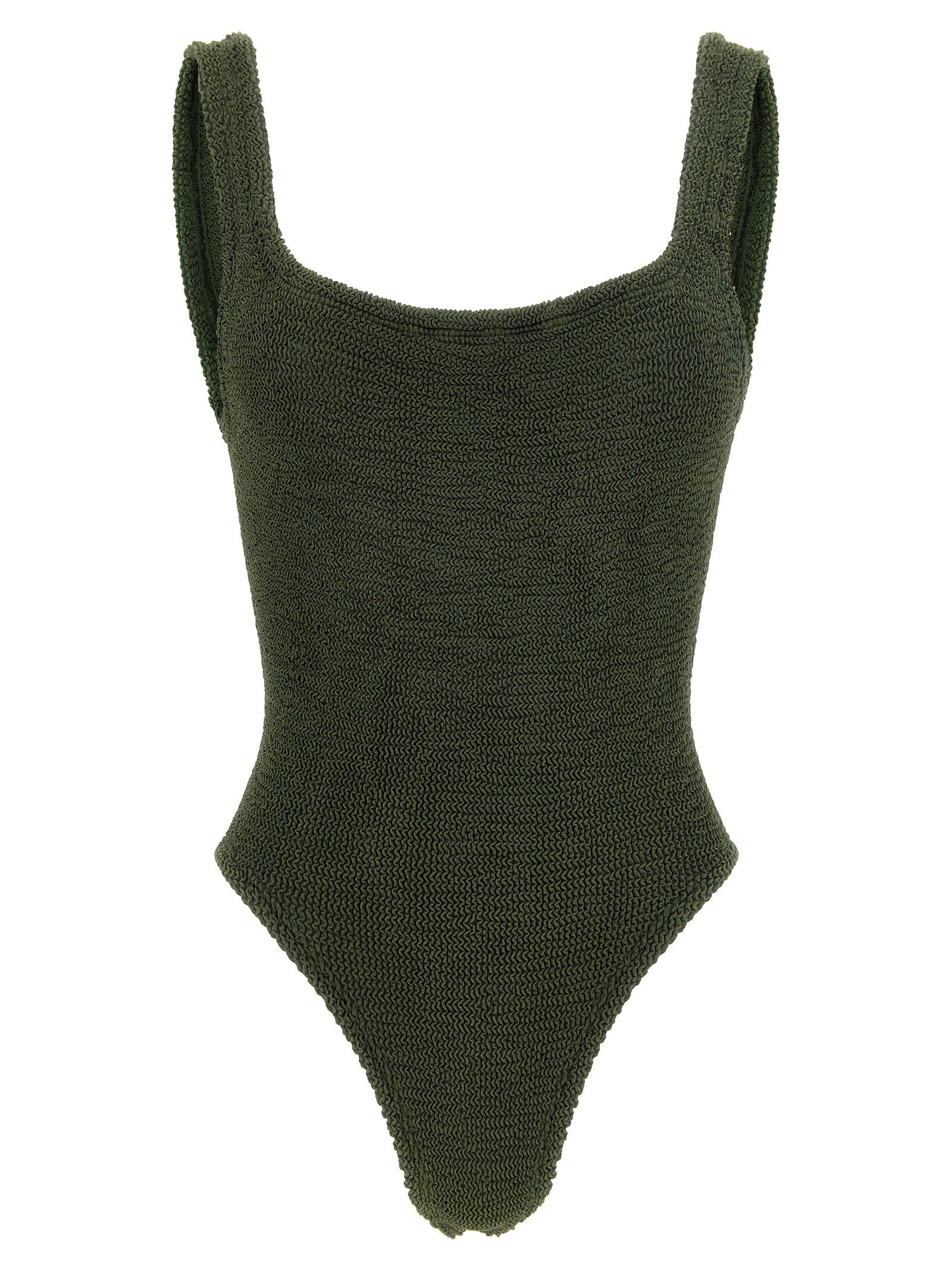 Crinkle-Textured Square Neck Swimsuit — Khaki