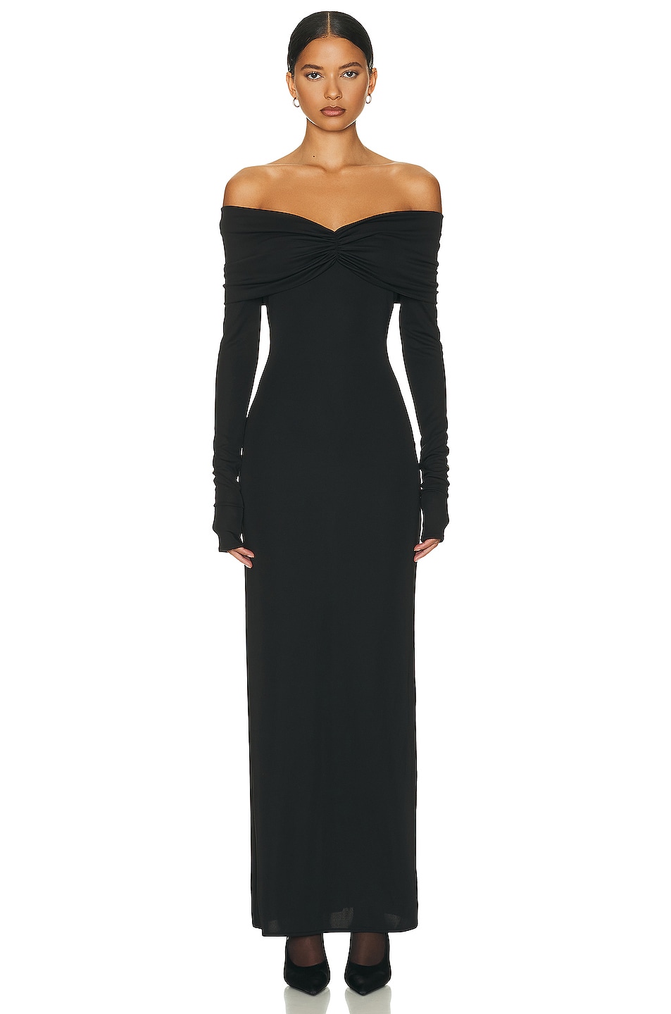 Helsa Matte Jersey Off Shoulder Maxi Dress in Black - Black. M also in S, XL