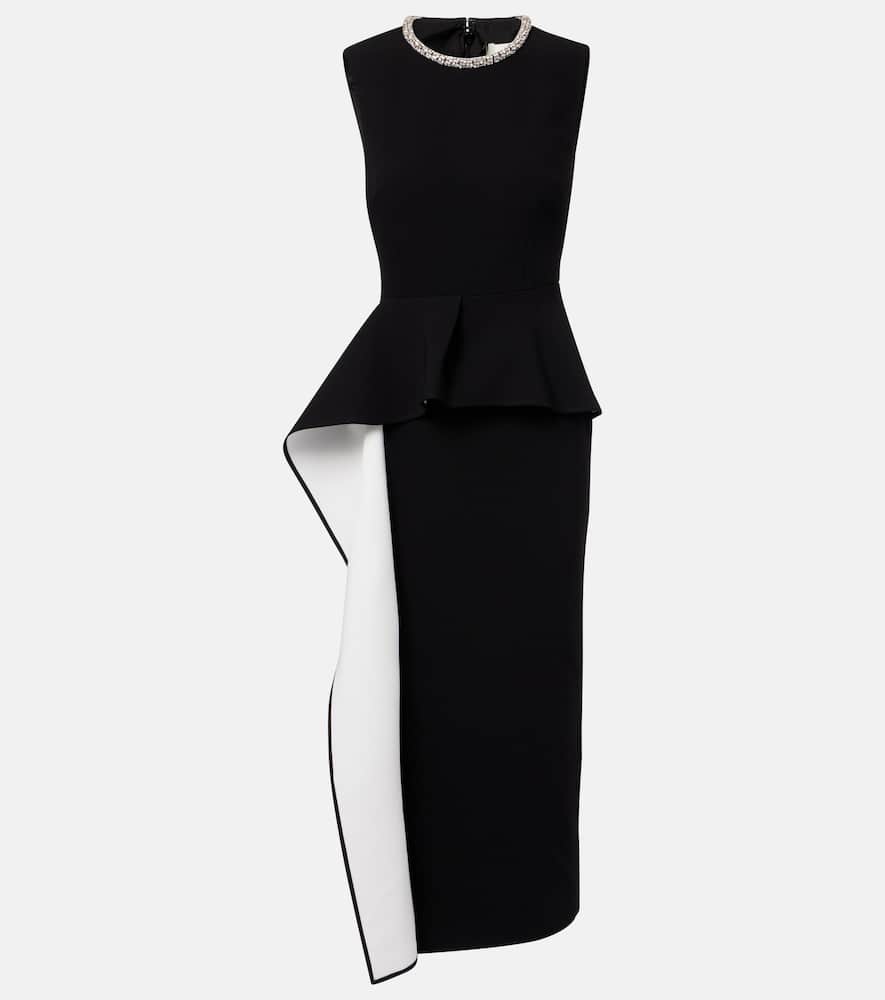 Embellished peplum satin crêpe midi dress