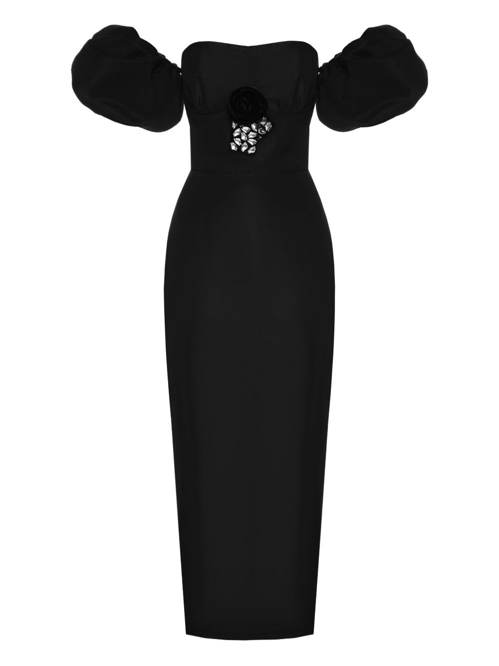 Off-the-shoulder puff-sleeve midi dress - Black