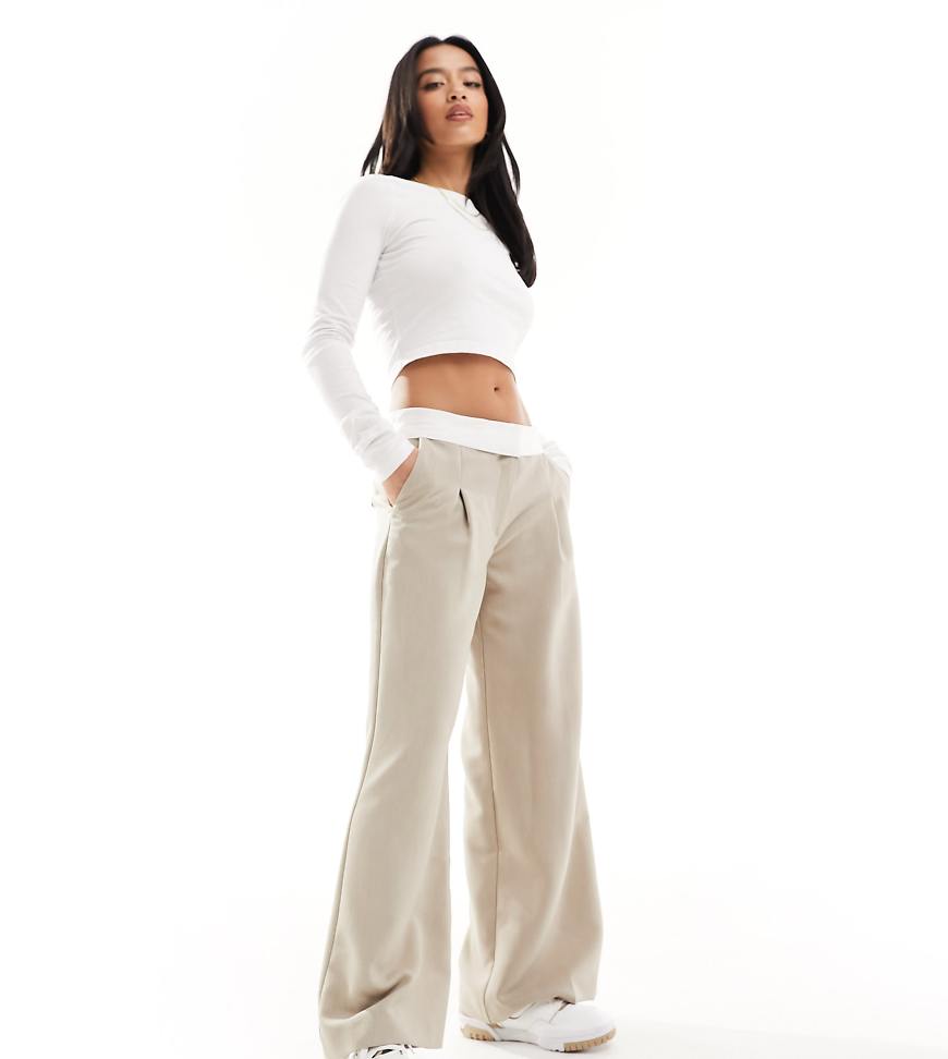 Miss Selfridge Petite fold over waistband trouser in stone-Neutral