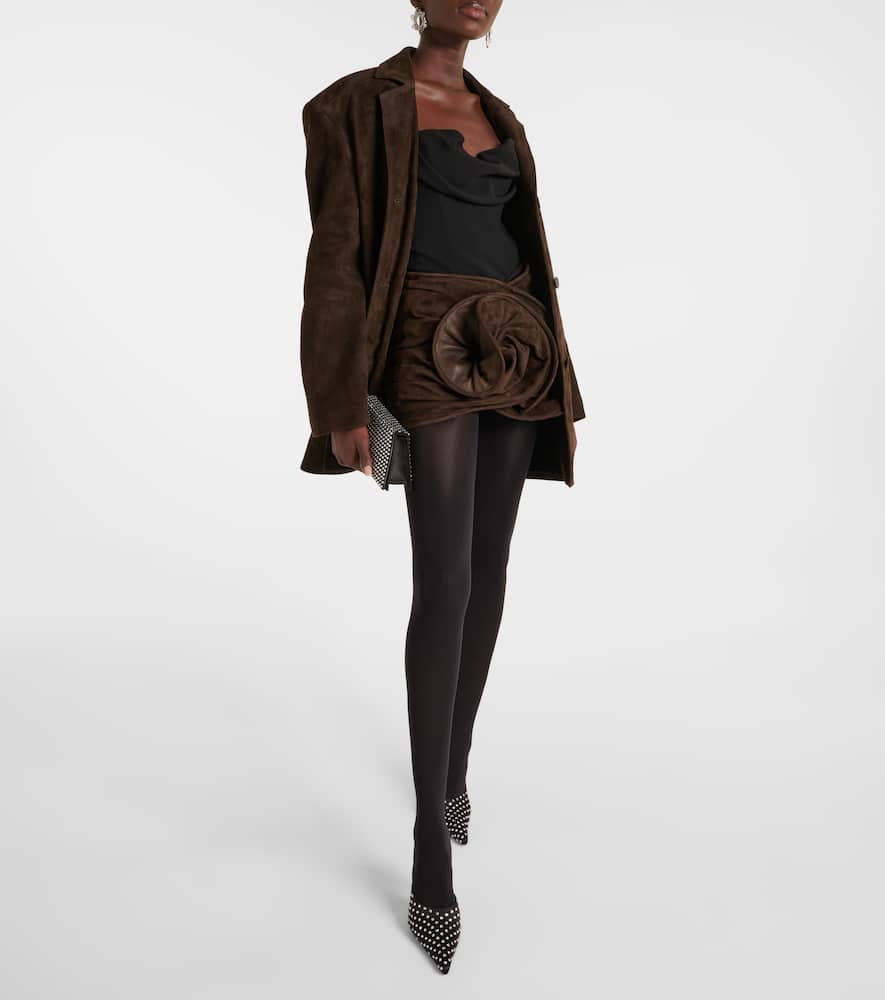 Floral-appliqué suede miniskirt