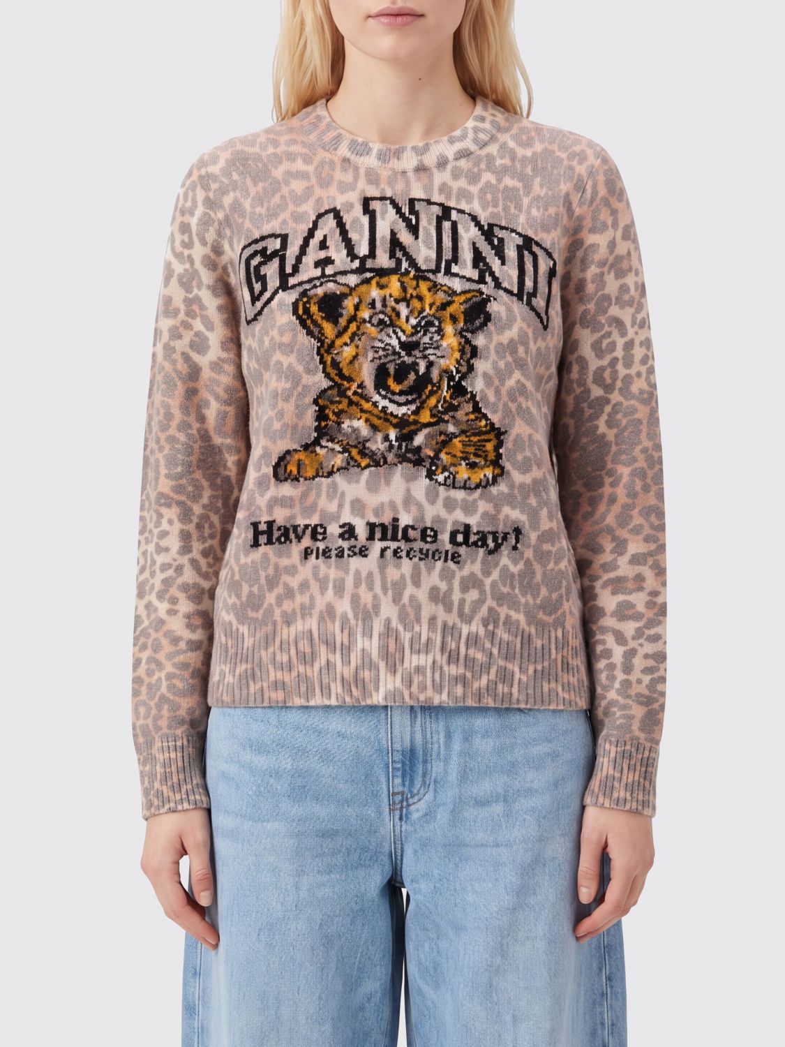 Slim Fit Animalier Print Merino Wool Jumper with Logo