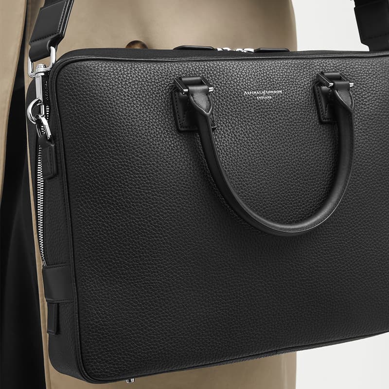 Mount Street Leather Laptop Briefcase Bag in Black Pebble