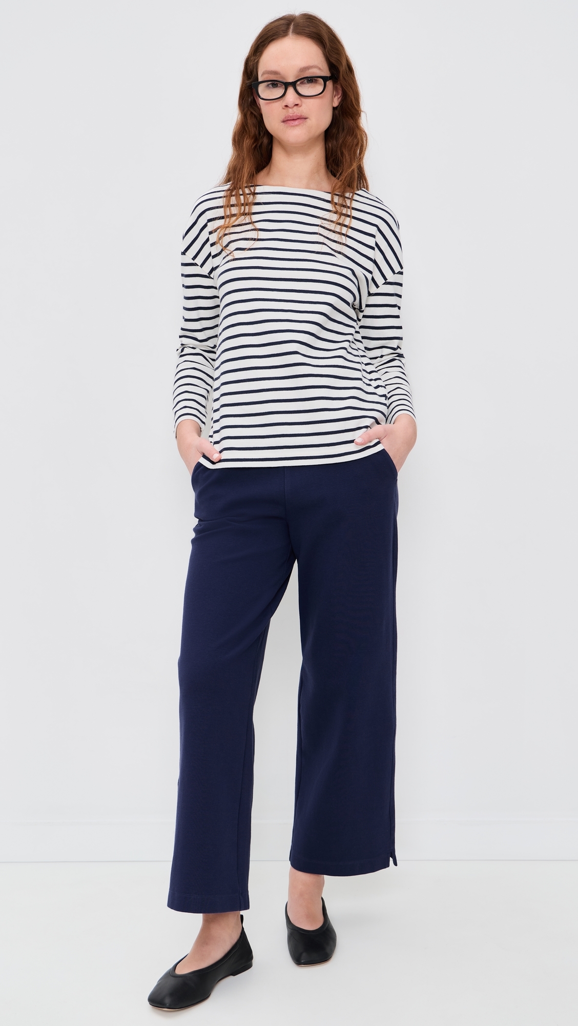 Avignon Boat Neck Striped Tee In Cotton Ivory/Navy