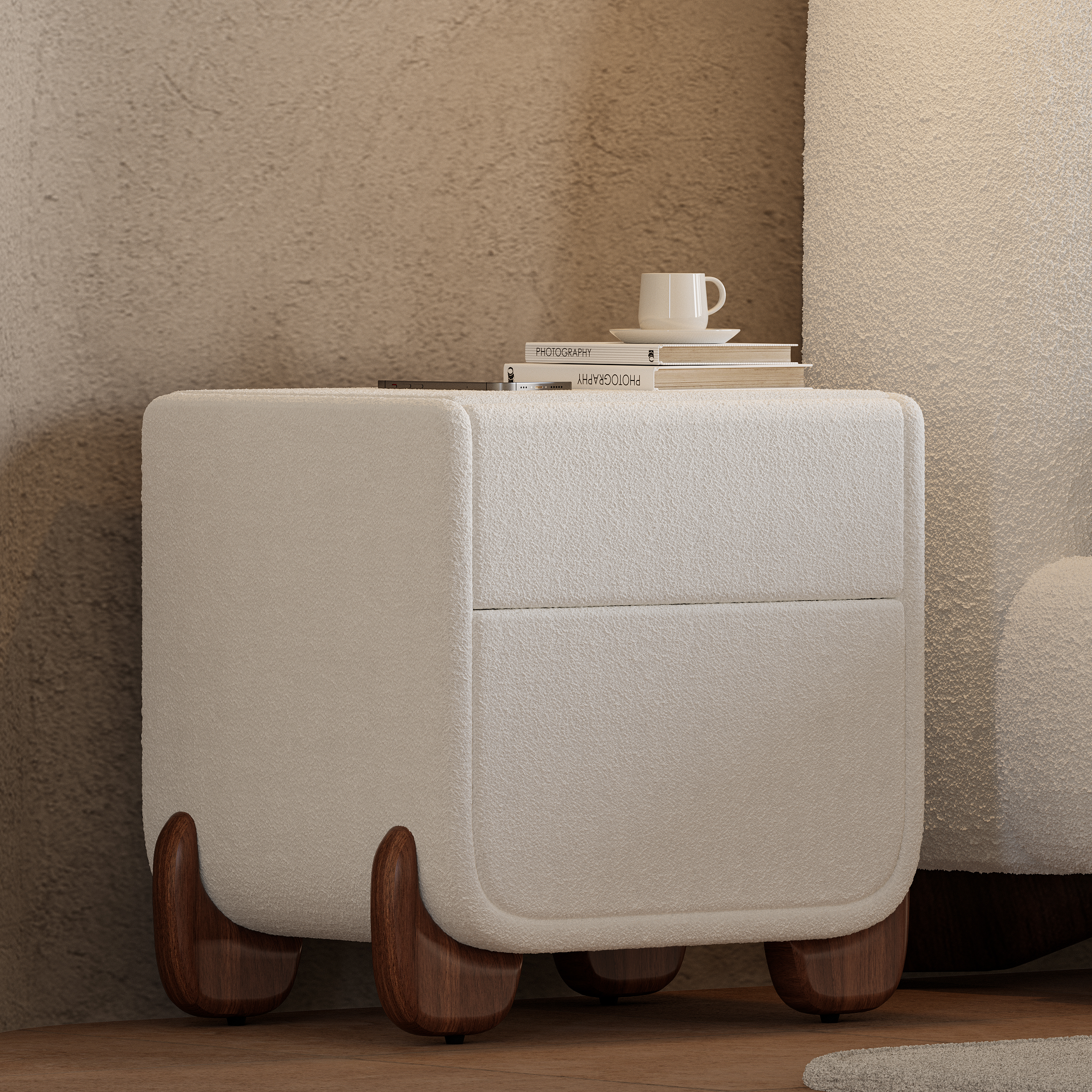 Curva Smart Boucle Nightstand with Wood Legs 2-Drawer Bedside Table in White