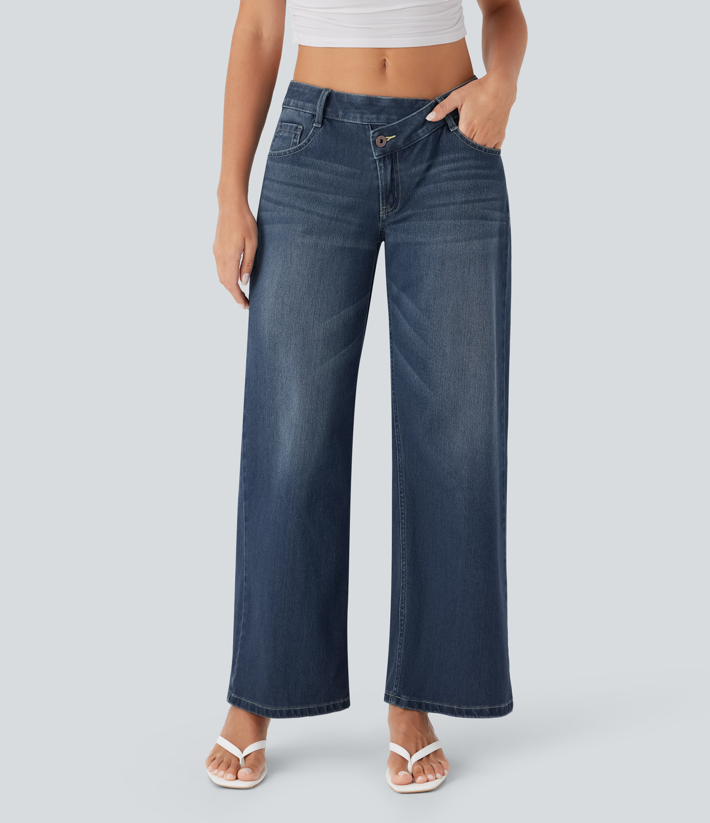 Flex™ Asymmetric Low Rise Zipper Pockets Baggy Wide Leg Washed Casual Jeans  - Estate Blue Denim