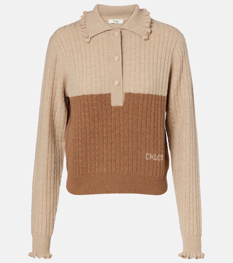 Chloé Cable-knit ruffled wool and cashmere polo sweater