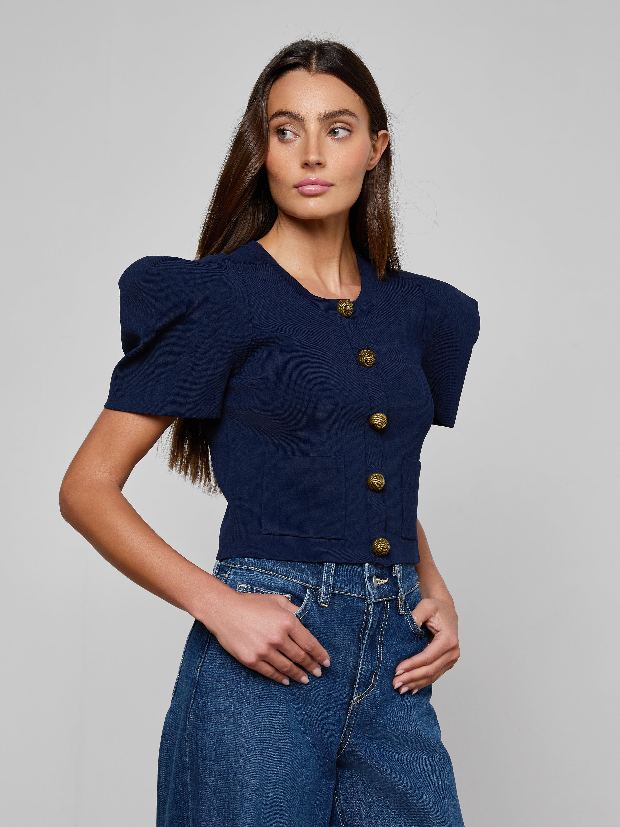 Britt Statement Shoulder Cardigan In Midnight/gold