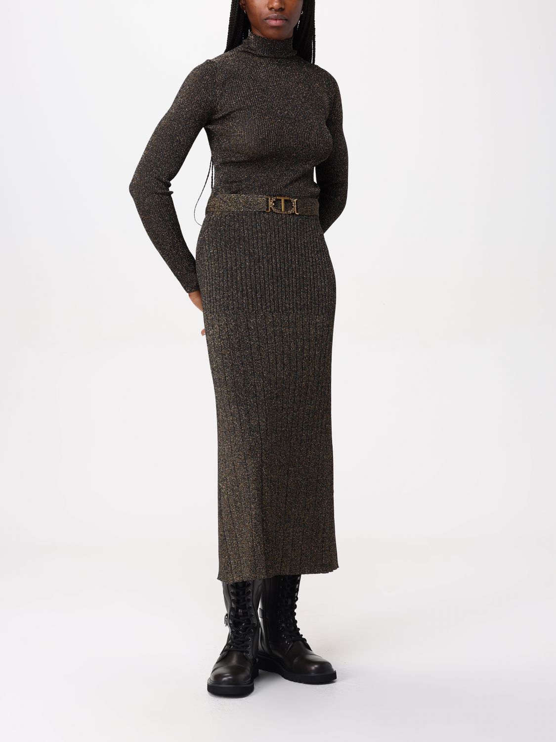Fine-knit lurex midi skirt - Gold
