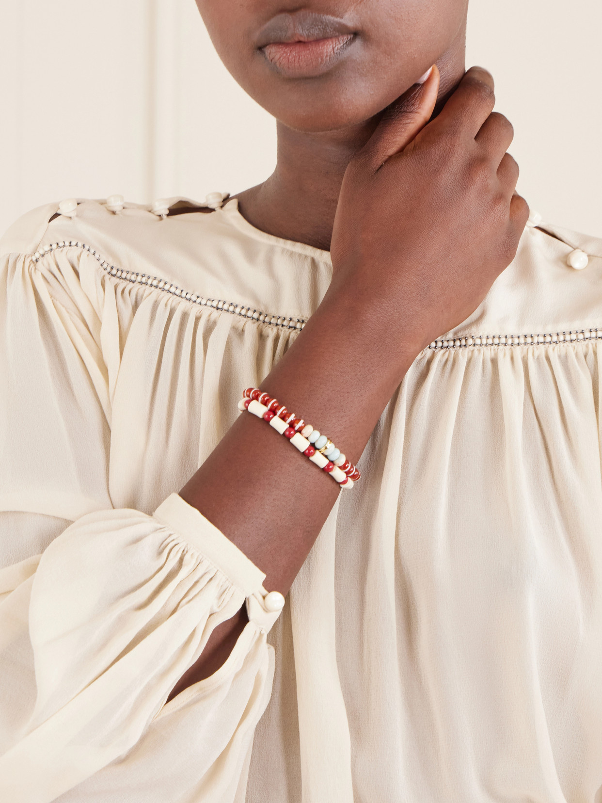Set Of Two Paprika Agate Beaded Bracelets - Red