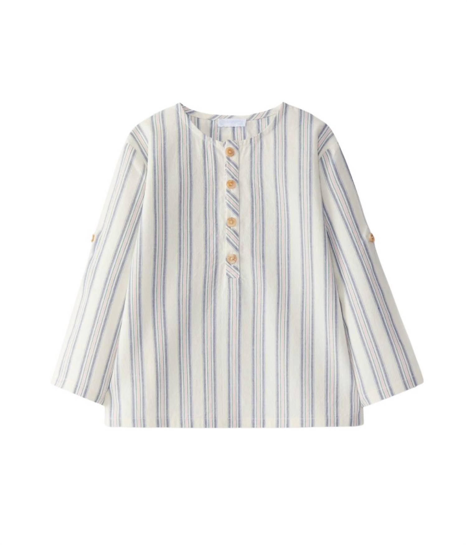 Boy's Mandarin Collar Striped Shirt In Multicolor