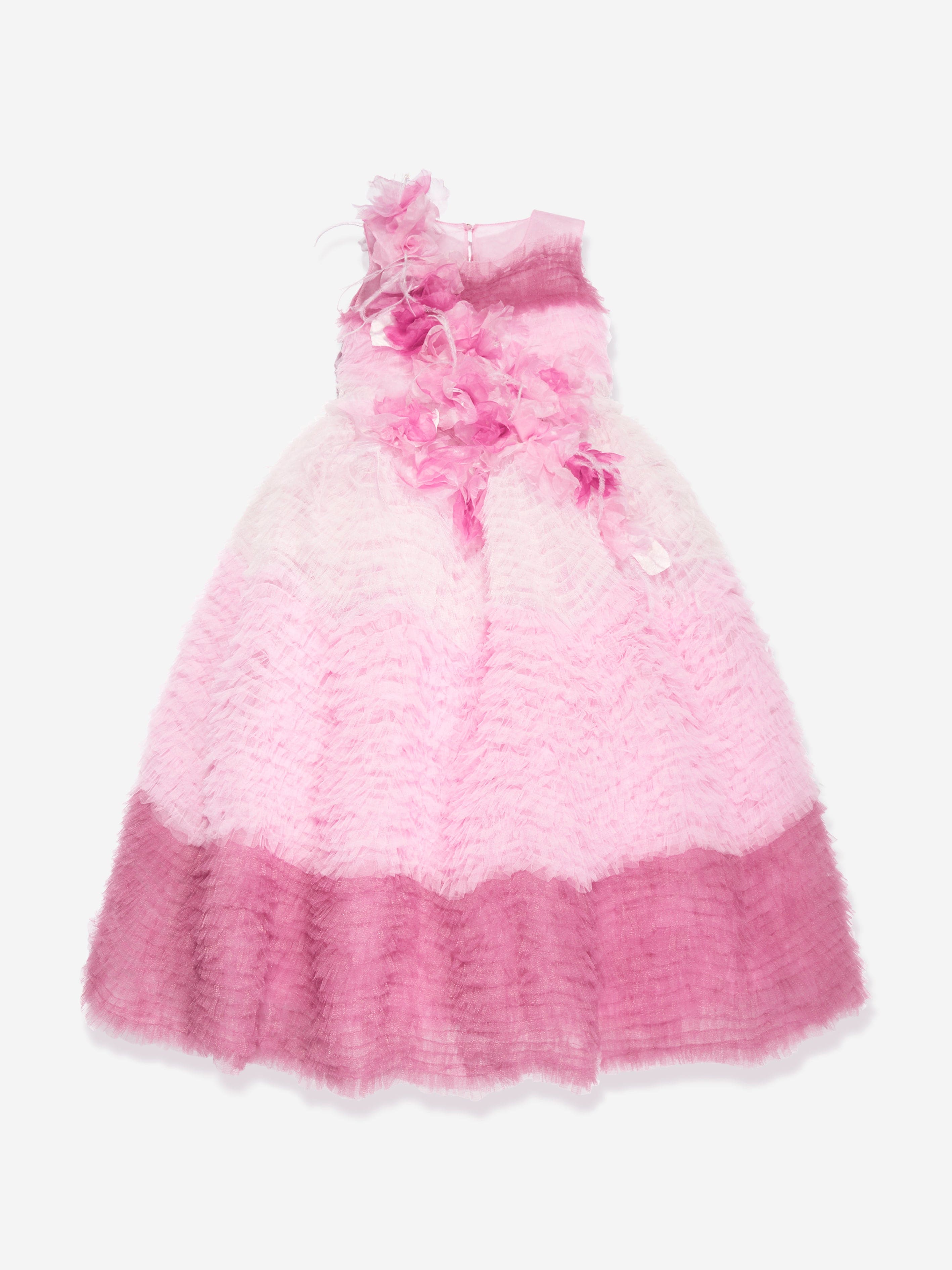 Girls Flower Embellished Degradé Tulle Gown in Pink