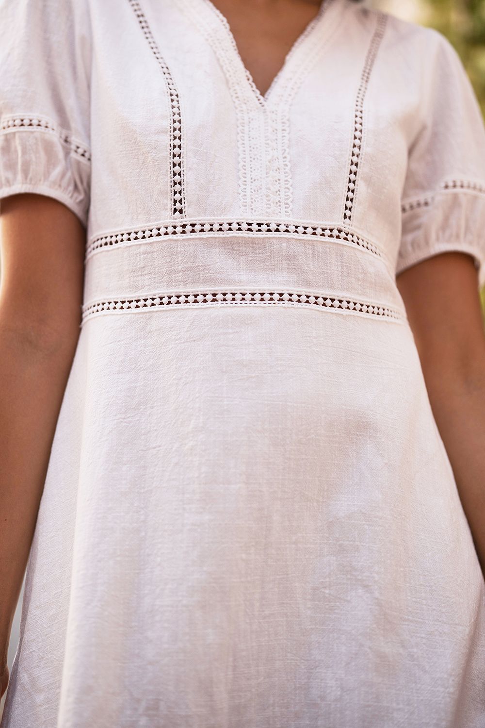 Yumi Women's White Cotton Lace Trim Skater Sun Dress in Natural White