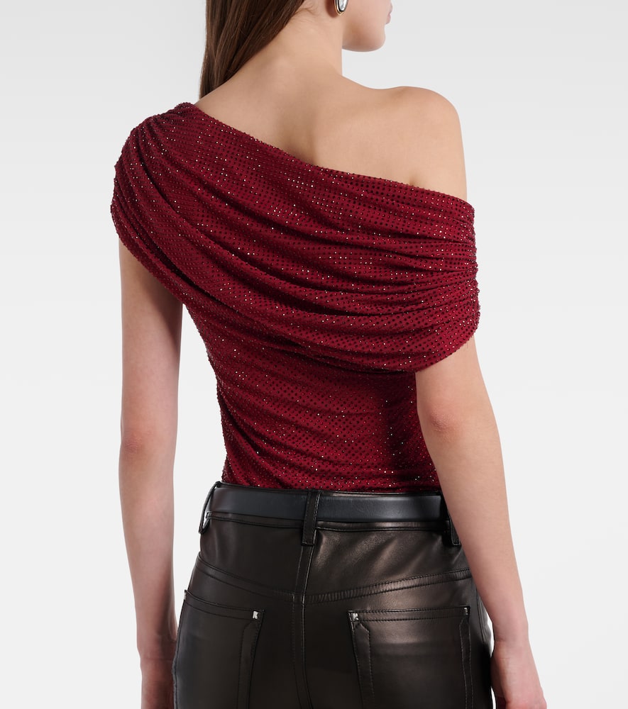 Draped embellished mesh top