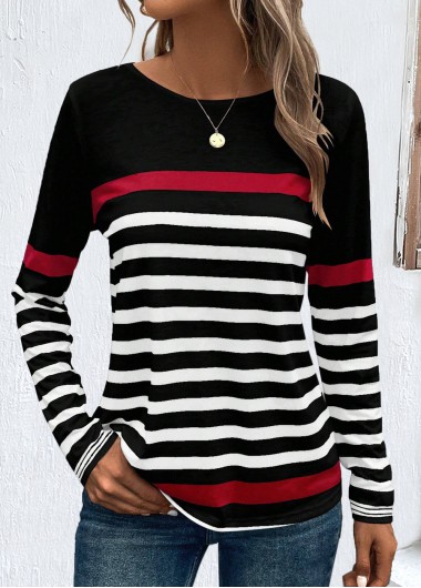 Modlily Black Patchwork Striped Long Sleeve Round Neck T Shirt