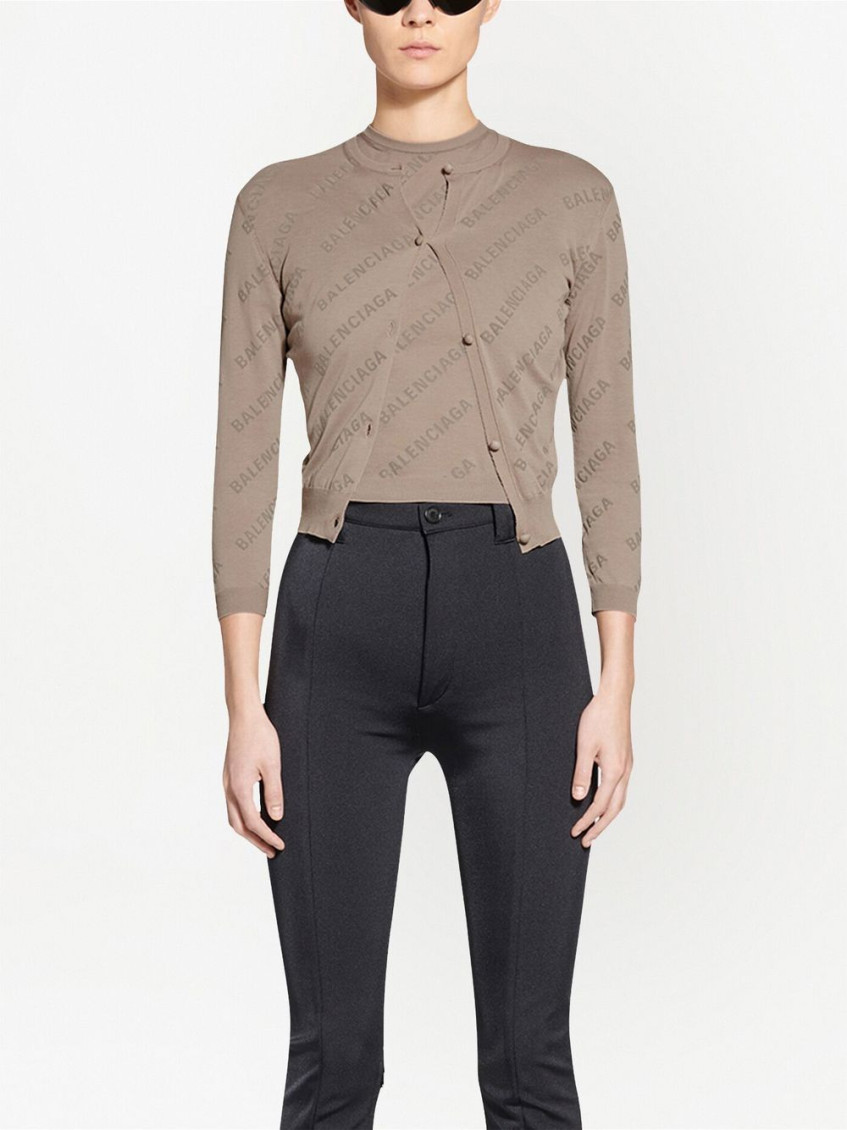 Woman Beige Knit Crop Cardigan With All-over Logo