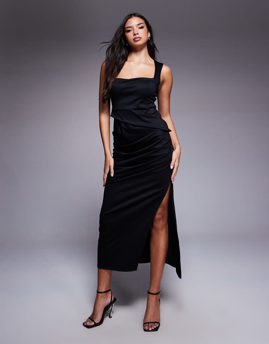 Square neck ponte midi dress in black