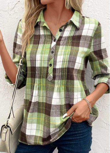 Modlily Multi Color Tuck Stitch Plaid Long Sleeve Blouse