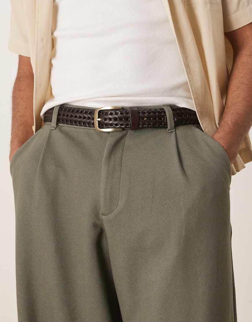 ASOS DESIGN dark brown leather woven belt