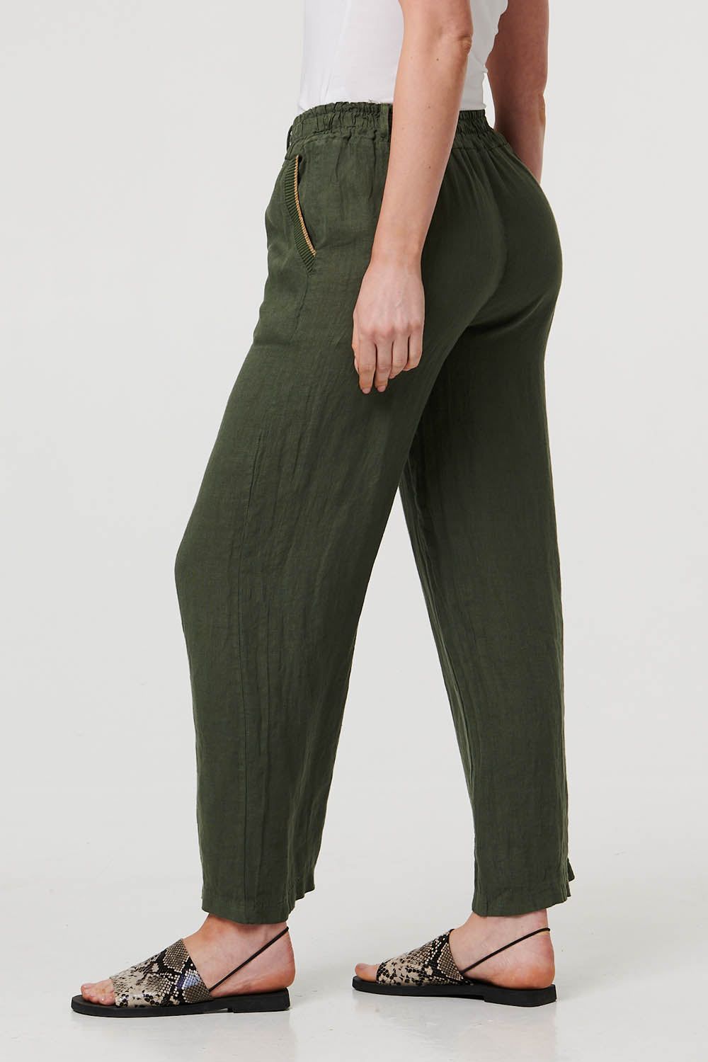 Izabel London Women's High Waist Wide Ankle Length Trousers in Khaki