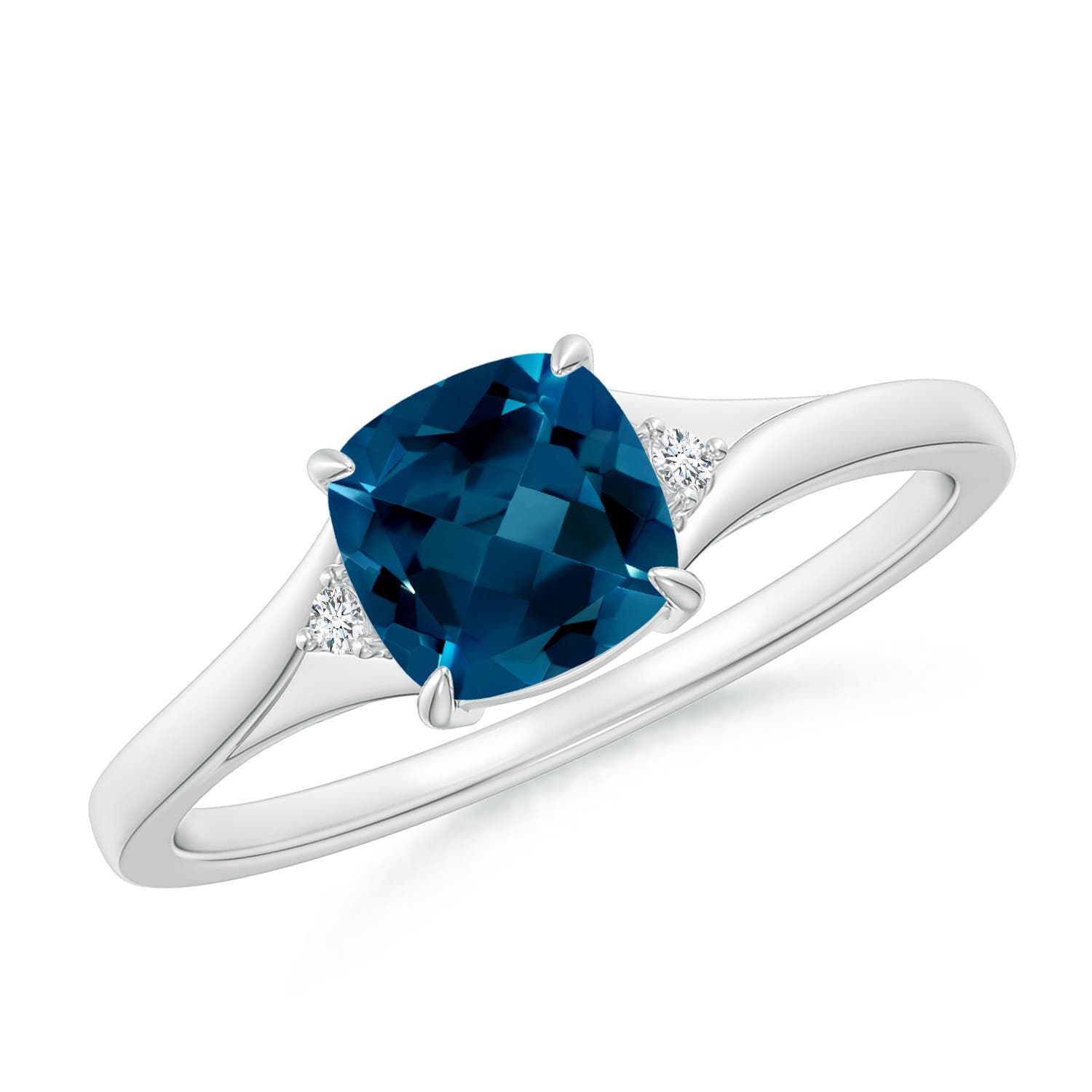 Angara 1.1 Carats Split Shank Cushion London Blue Topaz Solitaire Ring in Platinum