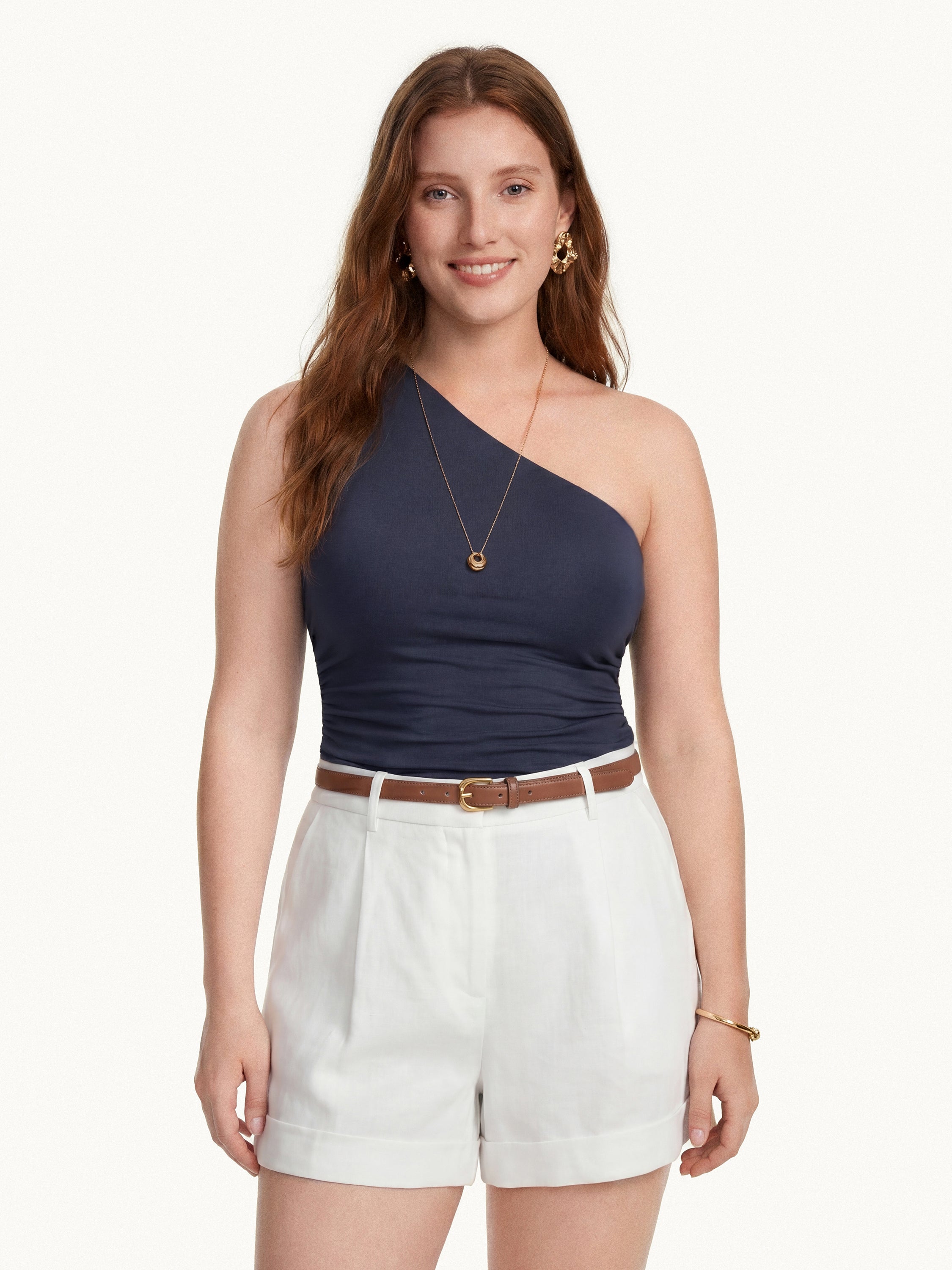 Linen One Shoulder Bra Tank - Smoky Navy