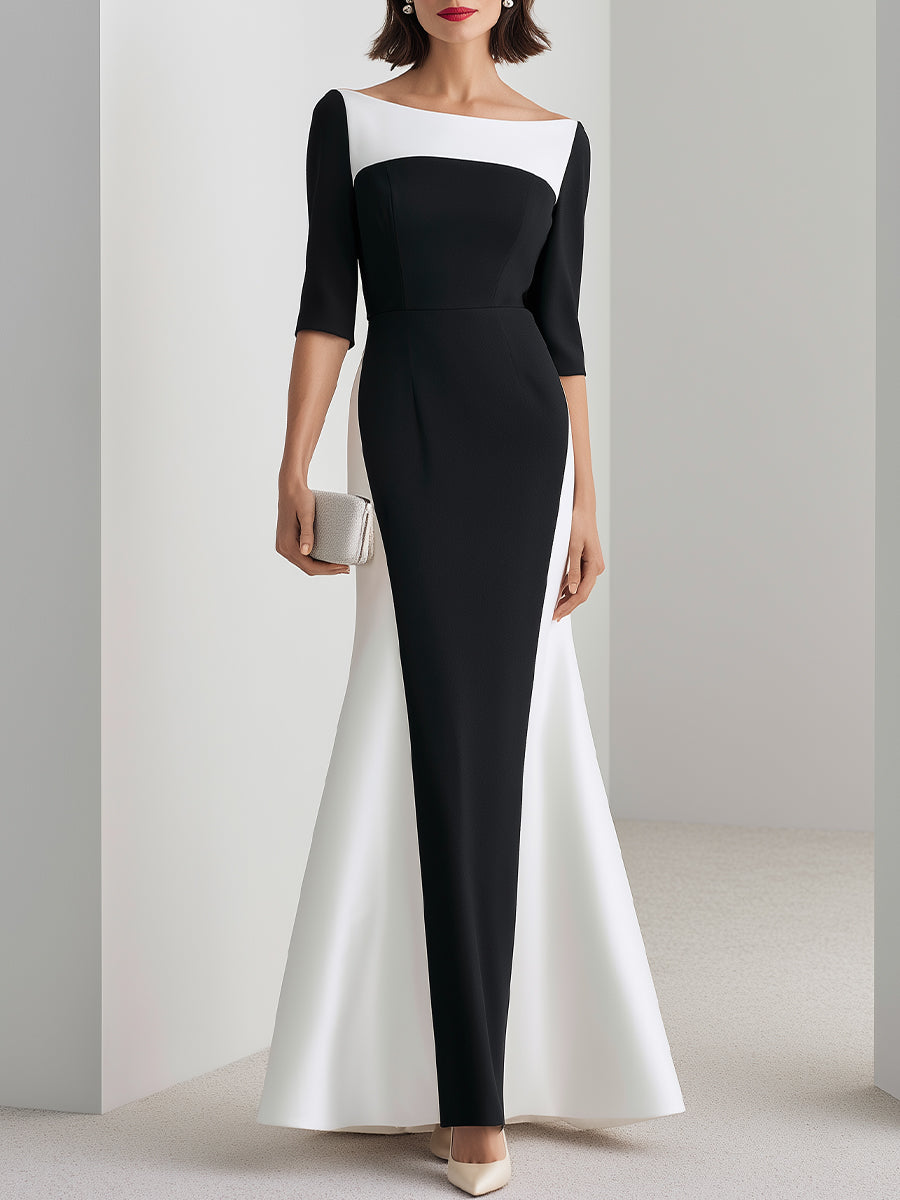 Colorblock Bateau Neck Mermaid Evening Gown - Black