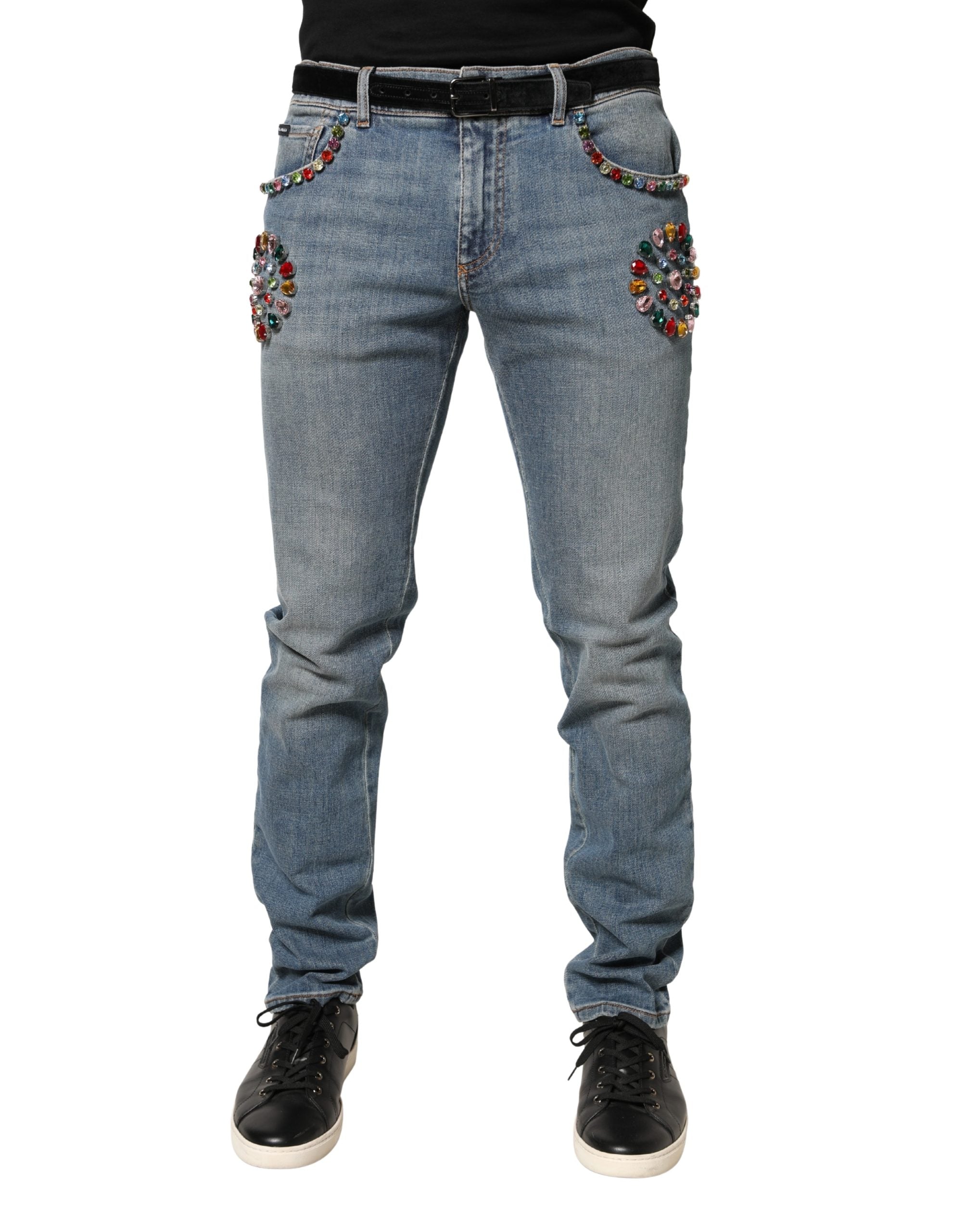 Embellished Loose Cotton Jeans — Blue