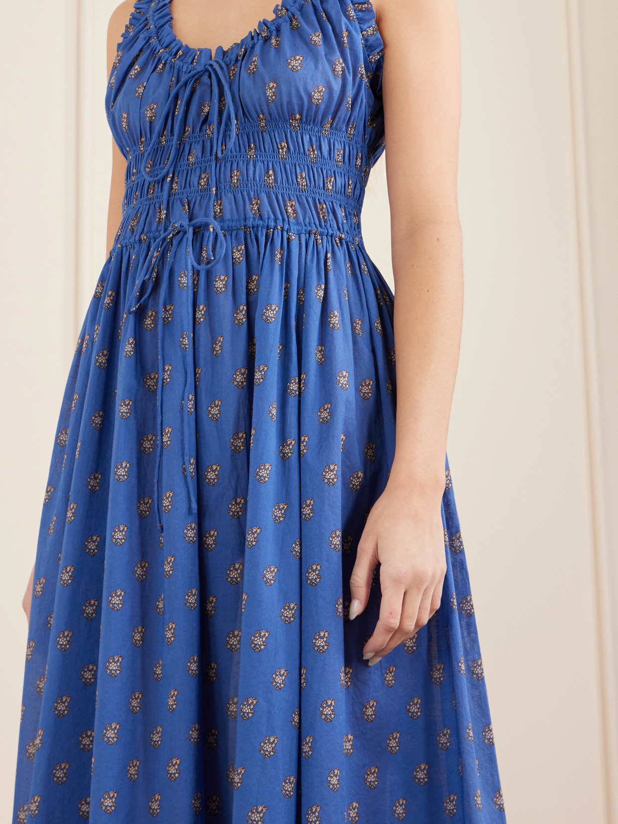 Emmaretta Shirred Floral-print Cotton Midi Dress - Blue