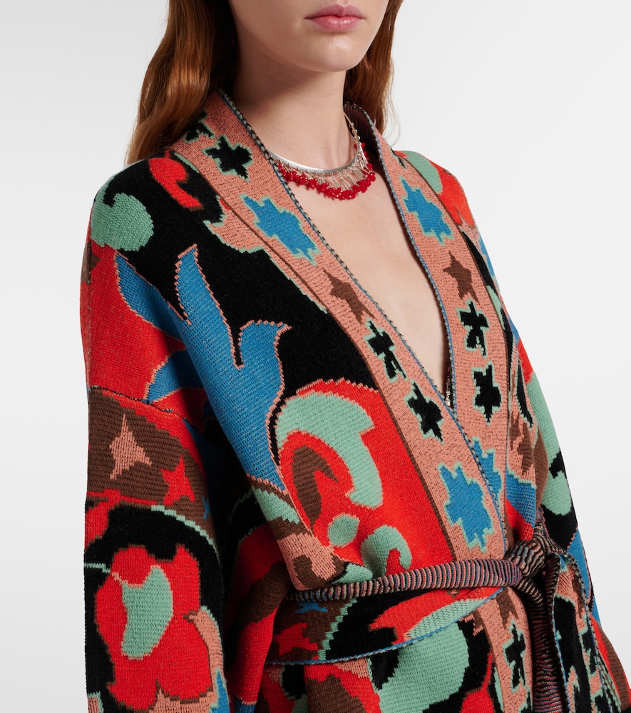 Belted jacquard wool-blend wrap cardigan