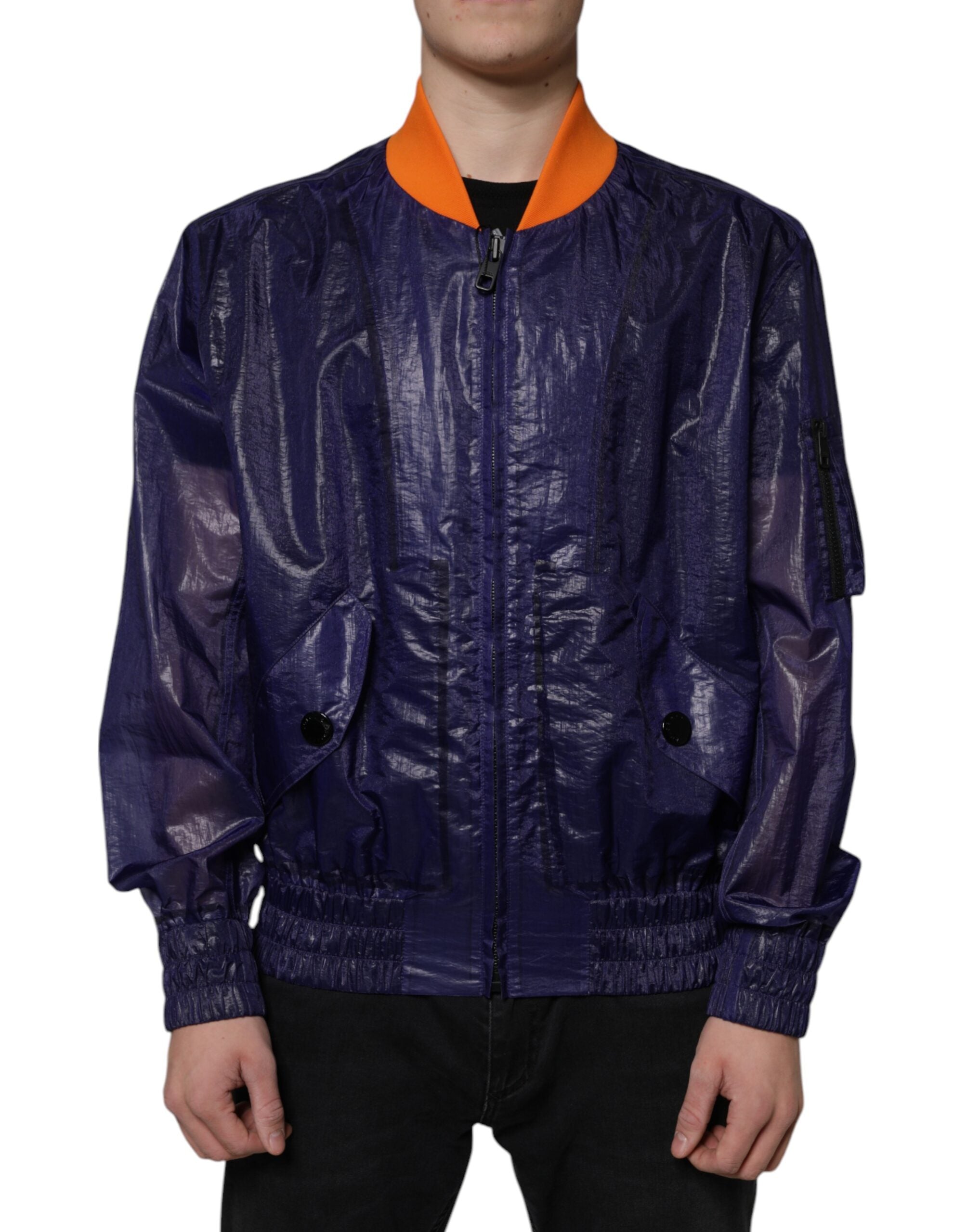 Cotton Stretch Full-Zip Bomber Jacket — Navy