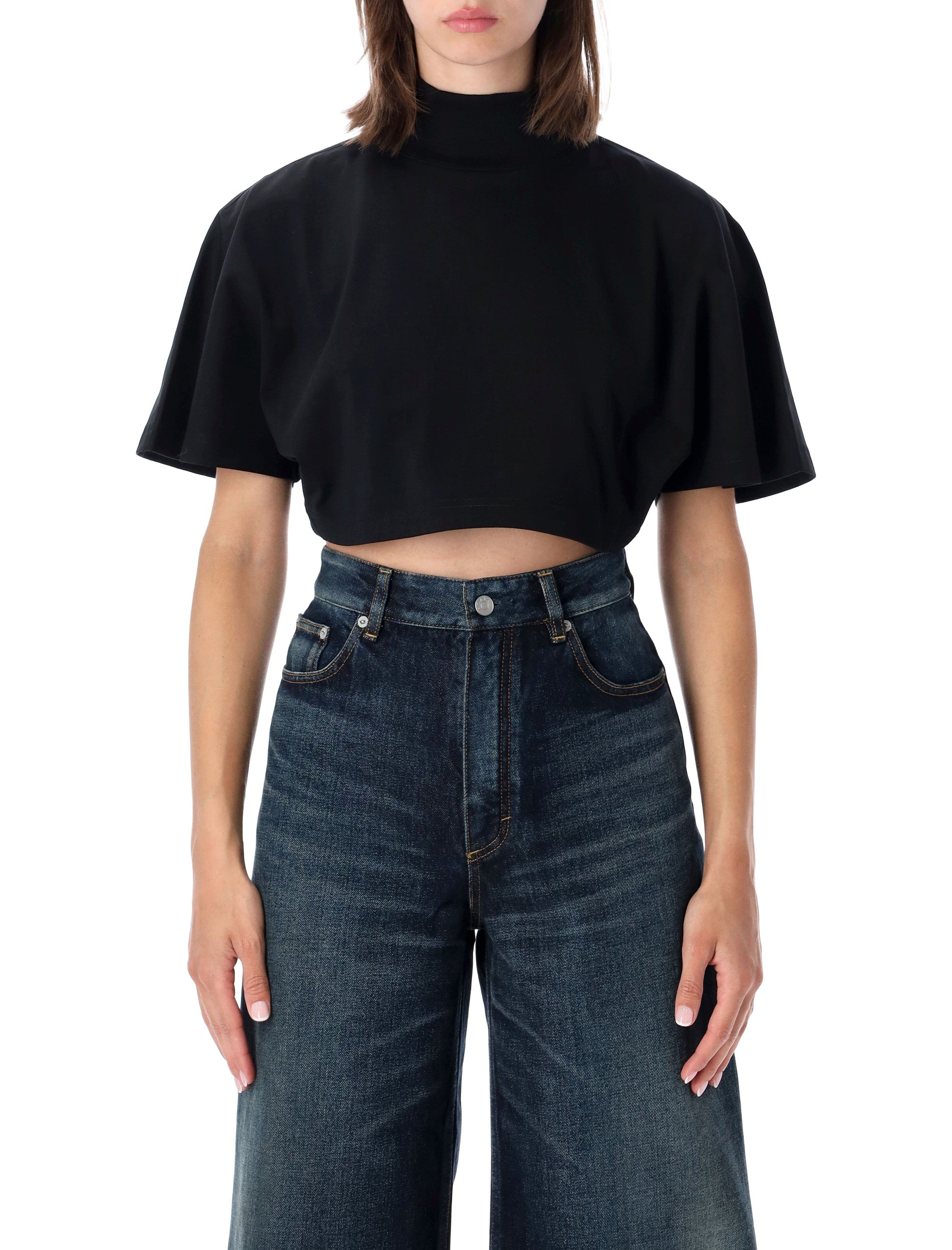 Mini Boxy Cropped Cotton T-Shirt with Ribbed Mock Neck